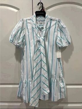 Free Assembly White Dress with Teal Stripe Tie-Neck
